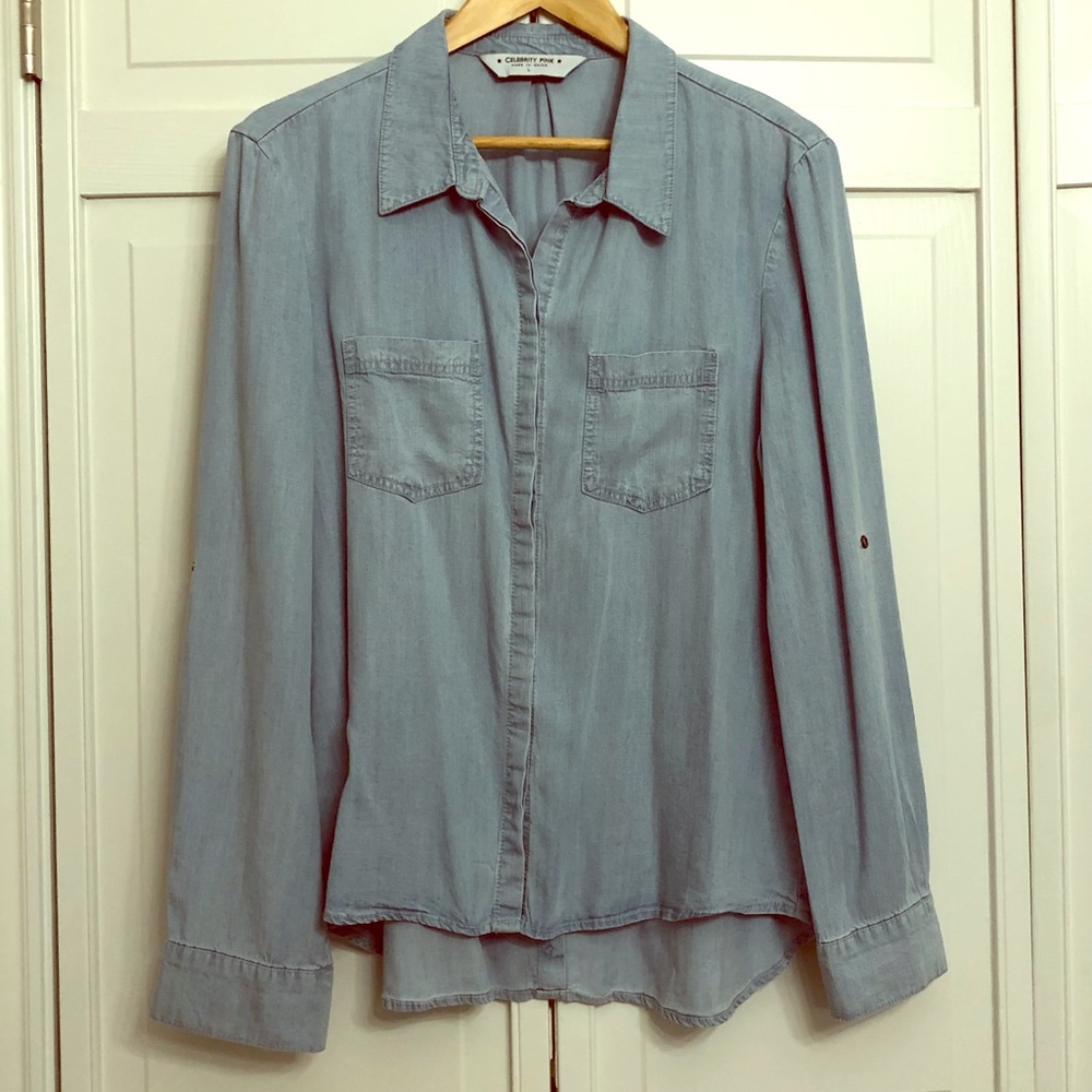 NWOT Sz L Celebrity Pink Tencel Chambray Shirt